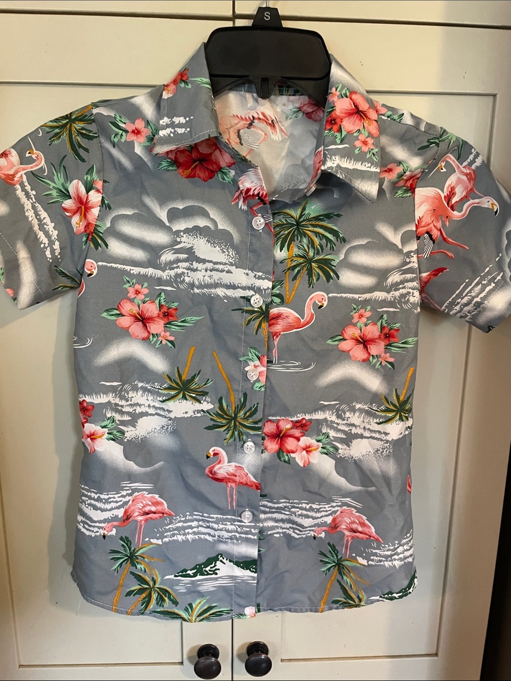 Kids' Grey Flamingo Print Button-Up Shirt